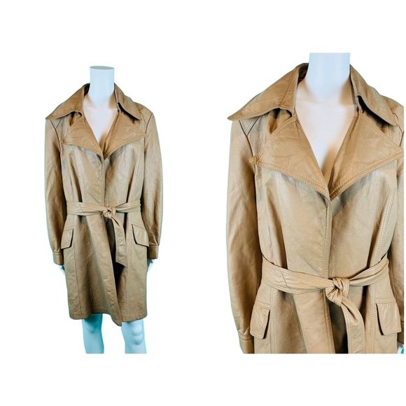 Vintage 1970s Leather Coat Women's Khaki USA Wilsons Open Trench | B 43" - Picture 2 of 10